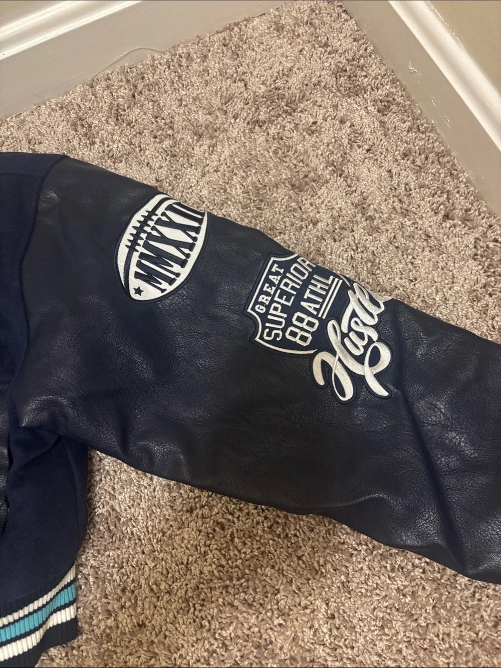 Vintage Red Fox Champion Kids Navy Blue Varsity Jacket with Teal Trim